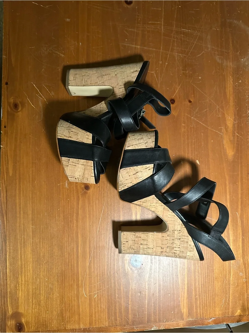 Michael Kors Black Strappy Platform Cork Wedge Sandals